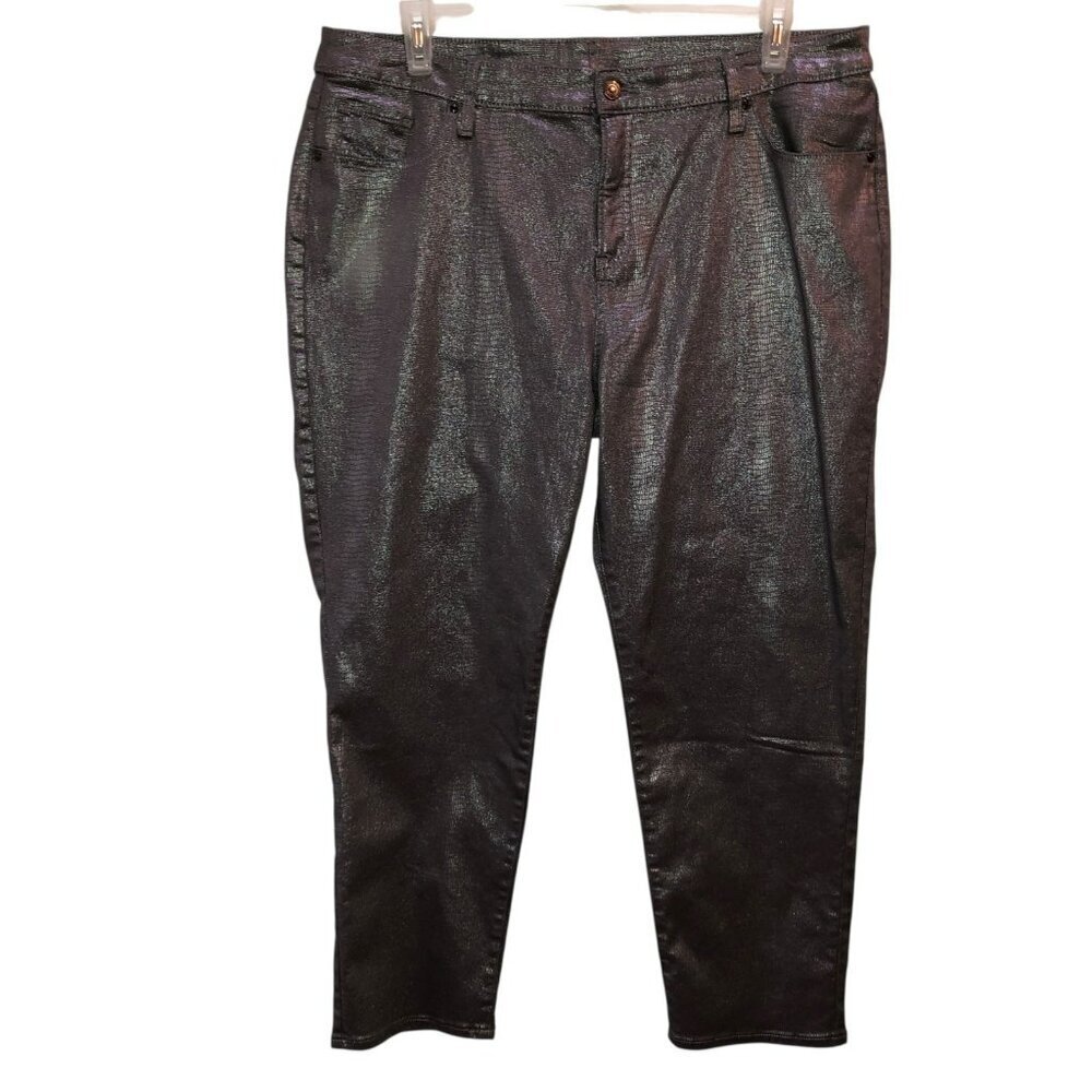 Chicos Womens Size 3.5 18 Silver Shimmer Snakeskin Stretch Ankle Pants Pockets - Picture 2 of 9